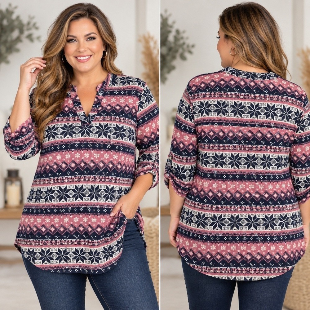 Dear Scarlett Women XL Navy Pink Fair Isle Snowflake Tunic Roll Tab Sleeve Top